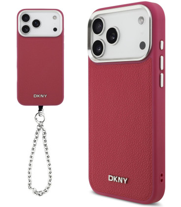Rožinis dėklas Apple iPhone 17 Pro Max telefonui "DKNY PU Leather Metal Logo Wrist Chain MagSafe Case"