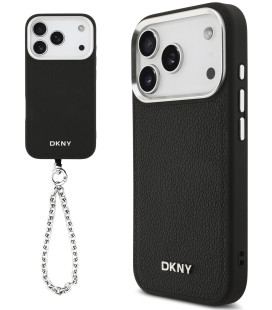 Juodas dėklas Apple iPhone 17 Pro telefonui "DKNY PU Leather Metal Logo Wrist Chain MagSafe Case"