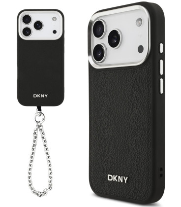Juodas dėklas Apple iPhone 17 Pro telefonui "DKNY PU Leather Metal Logo Wrist Chain MagSafe Case"