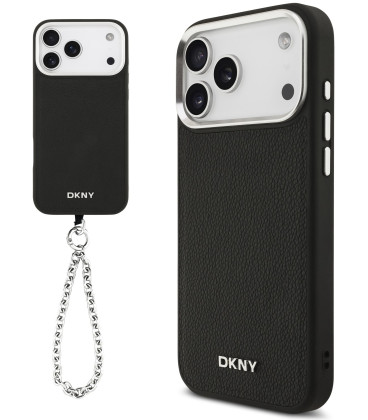 Juodas dėklas Apple iPhone 17 Pro Max telefonui "DKNY PU Leather Metal Logo Wrist Chain MagSafe Case"