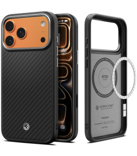 Juodas (Sidabrinis) dėklas Apple iPhone 17 Pro / 18 Pro telefonui "Spigen Enzo Aramid T Mag Magsafe"