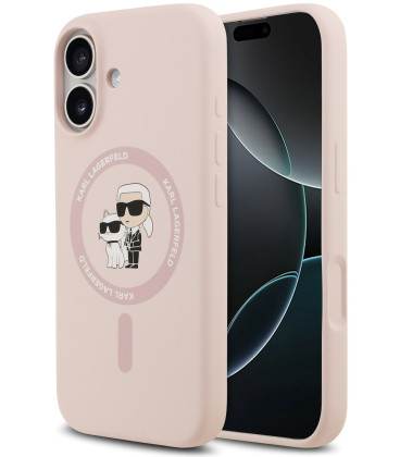 Rožinis dėklas Apple iPhone 17 telefonui "Karl Lagerfeld Liquid Silicone Karl and Choupette MagSafe Case"