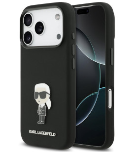 Juodas dėklas Apple iPhone 17 Pro telefonui "Karl Lagerfeld Liquid Silicone Metal Ikonik Case"