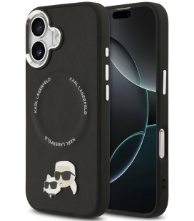 Juodas dėklas Apple iPhone 17 telefonui "Karl Lagerfeld PU Karl and Choupette Heads Pins MagSafe Case"