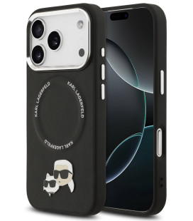 Juodas dėklas Apple iPhone 17 Pro telefonui "Karl Lagerfeld PU Karl and Choupette Heads Pins MagSafe Case"
