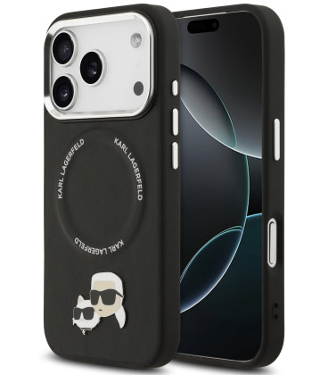 Juodas dėklas Apple iPhone 17 Pro Max telefonui "Karl Lagerfeld PU Karl and Choupette Heads Pins MagSafe Case"