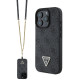 Juodas dėklas Apple iPhone 16 Pro telefonui "Guess PU 4G Strass Triangle Metal Logo Case + Crossbody Strap"