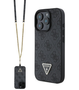 Juodas dėklas Apple iPhone 16 Pro telefonui "Guess PU 4G Strass Triangle Metal Logo Case + Crossbody Strap"