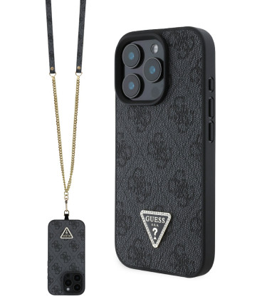 Juodas dėklas Apple iPhone 16 Pro telefonui "Guess PU 4G Strass Triangle Metal Logo Case + Crossbody Strap"