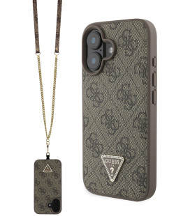 Rudas dėklas Apple iPhone 16 telefonui "Guess PU 4G Strass Triangle Metal Logo Case + Crossbody Strap"