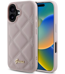 Rožinis dėklas Apple iPhone 16 telefonui "Guess PU Leather Quilted Case"