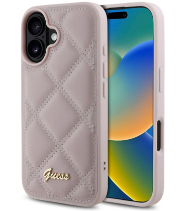 Rožinis dėklas Apple iPhone 16 telefonui "Guess PU Leather Quilted Case"