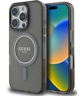 Juodas dėklas Apple iPhone 16 Pro telefonui "Guess IML Glitter Ring MagSafe Case"