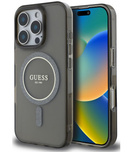 Juodas dėklas Apple iPhone 16 Pro Max telefonui "Guess IML Glitter Ring MagSafe Case"
