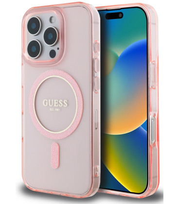 Rožinis dėklas Apple iPhone 16 Pro telefonui "Guess IML Glitter Ring MagSafe Case"