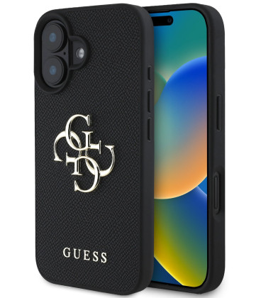 Juodas dėklas Apple iPhone 16 telefonui "Guess PU Grained 4G Metal Logo Case"