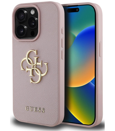 Rožinis dėklas Apple iPhone 15 Pro telefonui "Guess PU Grained 4G Metal Logo Case"