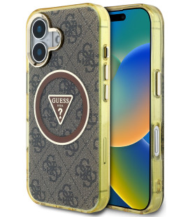 Rudas dėklas Apple iPhone 16 telefonui "Guess IML 4G Glitter and Triangle Logo MagSafe Case"