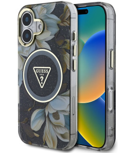 Juodas dėklas Apple iPhone 16 telefonui "Guess IML Glitter Magnolia and Triangle Logo MagSafe Case"