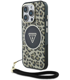 Rudas dėklas Apple iPhone 16 Pro telefonui "Guess IML Leopard Triangle Logo Strap MagSafe Case"