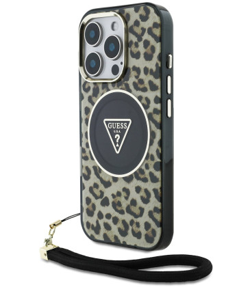 Rudas dėklas Apple iPhone 16 Pro telefonui "Guess IML Leopard Triangle Logo Strap MagSafe Case"