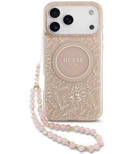 Rožinis dėklas Apple iPhone 17 Pro Max telefonui "Guess IML Flowers Allover Strap MagSafe Case"