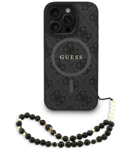 Juodas dėklas Apple iPhone 16 Pro telefonui "Guess PU Leather 4G Colored Ring Strap MagSafe Case"