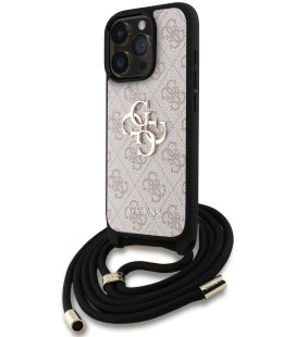 Rožinis dėklas Apple iPhone 16 Pro telefonui "Guess PU 4G Metal Logo Crossbody Strap Case"
