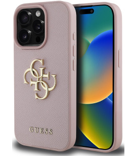 Rožinis dėklas Apple iPhone 15 Pro Max telefonui "Guess PU Grained 4G Metal Logo Case"