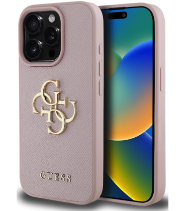 Rožinis dėklas Apple iPhone 15 Pro Max telefonui "Guess PU Grained 4G Metal Logo Case"