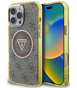 Rudas dėklas Apple iPhone 16 Pro telefonui "Guess IML 4G Glitter and Triangle Logo MagSafe Case"