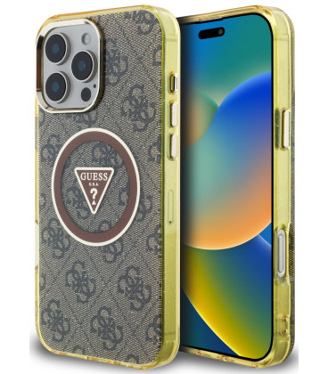 Rudas dėklas Apple iPhone 16 Pro telefonui "Guess IML 4G Glitter and Triangle Logo MagSafe Case"