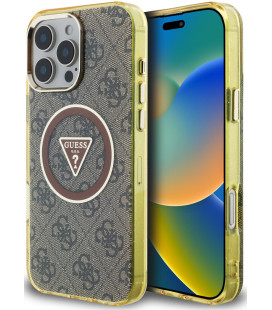 Rudas dėklas Apple iPhone 16 Pro Max telefonui "Guess IML 4G Glitter and Triangle Logo MagSafe Case"