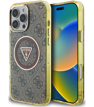 Rudas dėklas Apple iPhone 16 Pro Max telefonui "Guess IML 4G Glitter and Triangle Logo MagSafe Case"