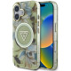 Žalias dėklas Apple iPhone 16 telefonui "Guess IML Glitter Magnolia and Triangle Logo MagSafe Case"