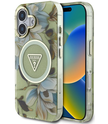 Žalias dėklas Apple iPhone 16 telefonui "Guess IML Glitter Magnolia and Triangle Logo MagSafe Case"