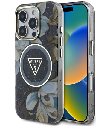 Juodas dėklas Apple iPhone 16 Pro telefonui "Guess IML Glitter Magnolia and Triangle Logo MagSafe Case"