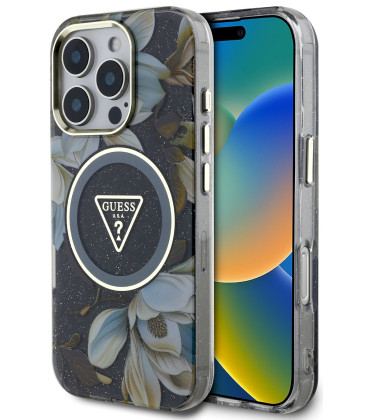 Juodas dėklas Apple iPhone 16 Pro Max telefonui "Guess IML Glitter Magnolia and Triangle Logo MagSafe Case"