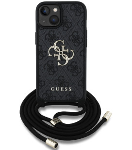 Juodas dėklas Apple iPhone 15 telefonui "Guess PU 4G Metal Logo Crossbody Strap Case"