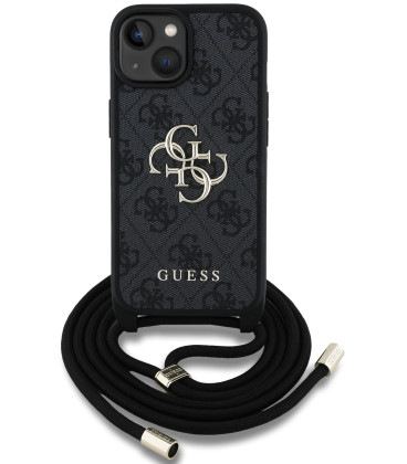 Juodas dėklas Apple iPhone 15 telefonui "Guess PU 4G Metal Logo Crossbody Strap Case"