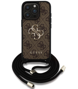 Rudas dėklas Apple iPhone 15 Pro telefonui "Guess PU 4G Metal Logo Crossbody Strap Case"