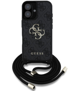 Juodas dėklas Apple iPhone 16 telefonui "Guess PU 4G Metal Logo Crossbody Strap Case"