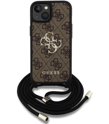 Rudas dėklas Apple iPhone 15 telefonui "Guess PU 4G Metal Logo Crossbody Strap Case"