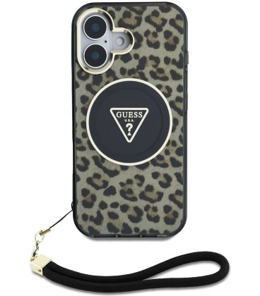 Rudas dėklas Apple iPhone 16 telefonui "Guess IML Leopard Triangle Logo Strap MagSafe Case"
