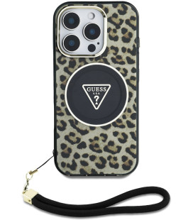 Rudas dėklas Apple iPhone 16 Pro Max telefonui "Guess IML Leopard Triangle Logo Strap MagSafe Case"
