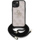 Rožinis dėklas Apple iPhone 15 telefonui "Guess PU 4G Metal Logo Crossbody Strap Case"