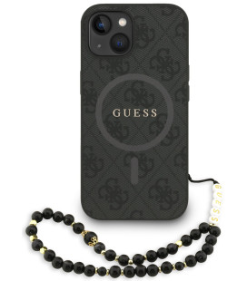 Juodas dėklas Apple iPhone 13 telefonui "Guess PU Leather 4G Colored Ring Strap MagSafe Case"