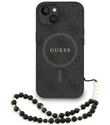 Juodas dėklas Apple iPhone 13 telefonui "Guess PU Leather 4G Colored Ring Strap MagSafe Case"