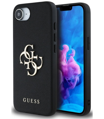 Juodas dėklas Apple iPhone 16E / 17E telefonui "Guess PU Grained 4G Metal Logo Case"