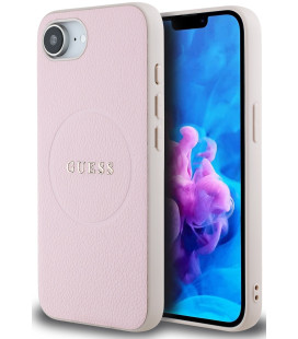 Rožinis dėklas Apple iPhone 16E telefonui "Guess PU Grained Classic Logo MagSafe Case"